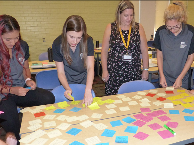 A group of students stand around a table covered in colorful post-it notes