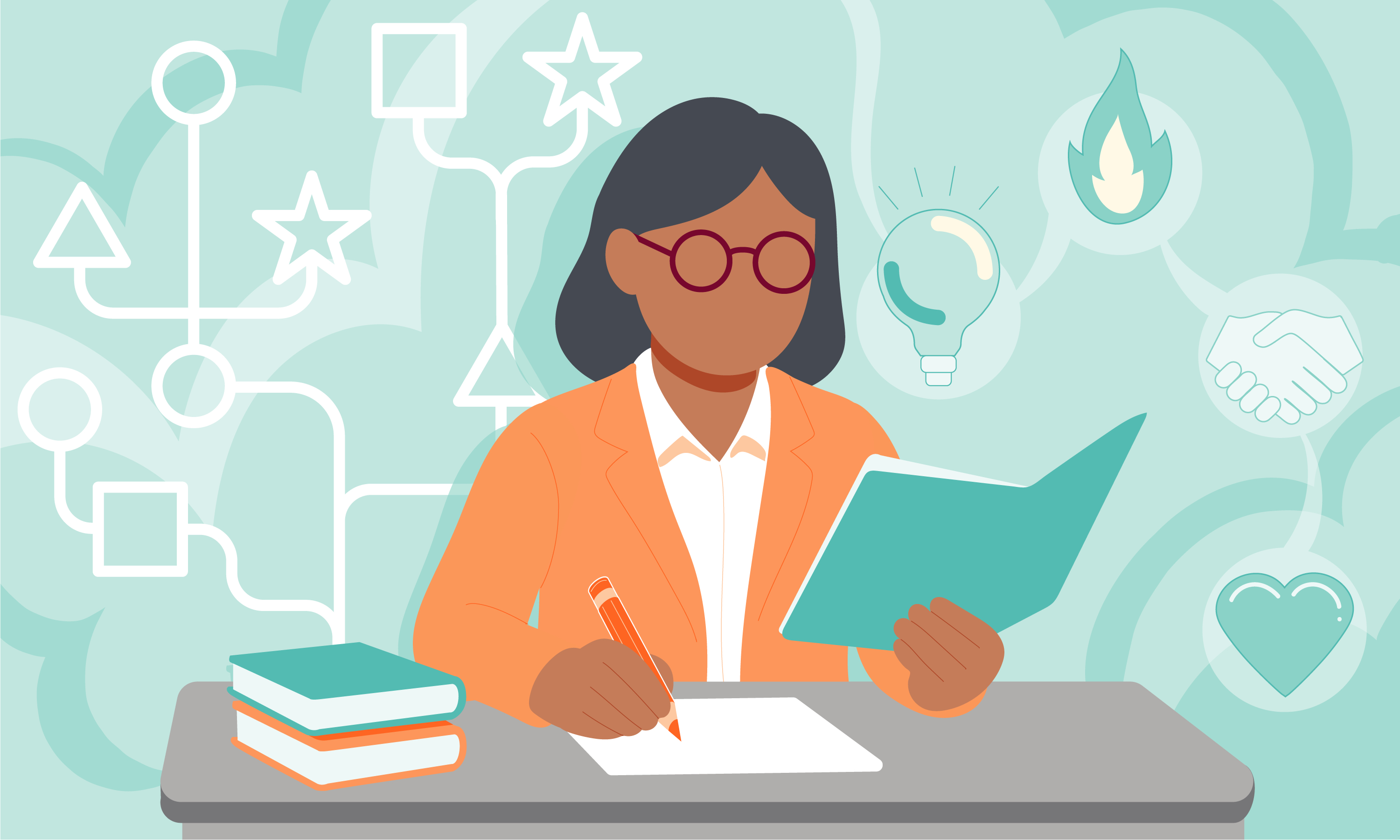 An illustration of a woman reading a book and taking notes